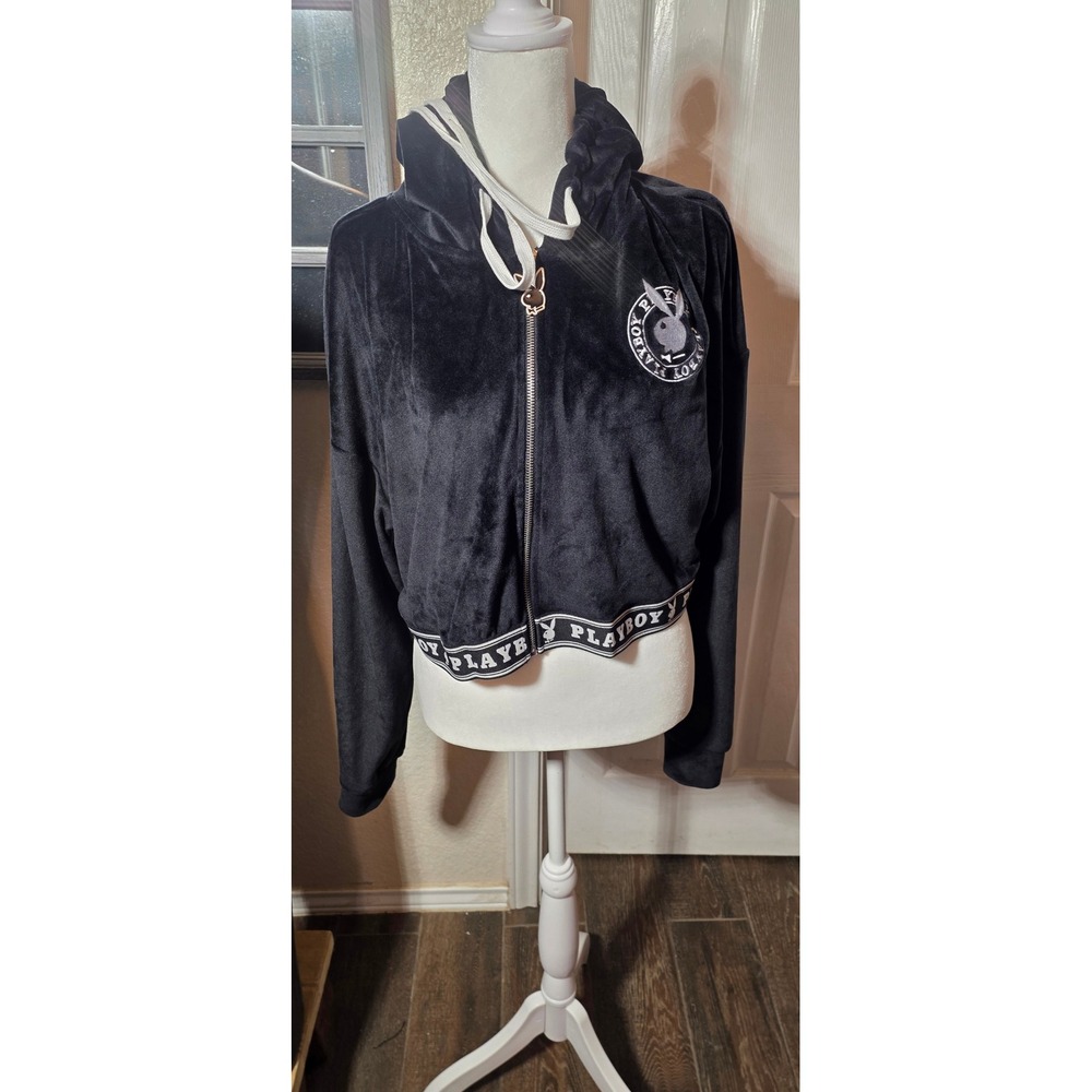 Playboy Women Black Velour Cropped Zip Up Hoodie Bunny Logo Large